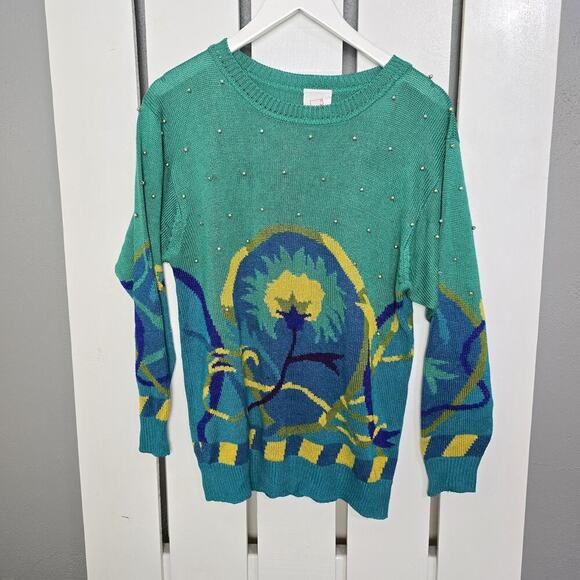 Mondi Teal Blue Flower VTG Pullover Rayon Silk Blend Embellished Sweater Size 40 - Picture 1 of 6